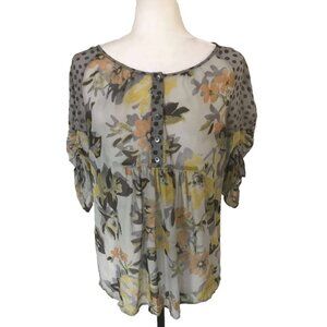 ANTHROPOLOGIE Edme & Esyllte 100% Silk Blouse Top Size S Semi Sheer Gray Floral